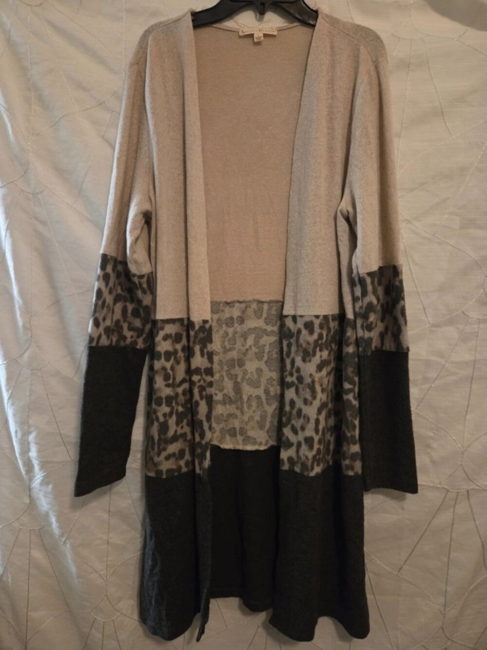 'Another Reason' Women's Color-Block Leopard Print Long Open-Front Cardigan, L